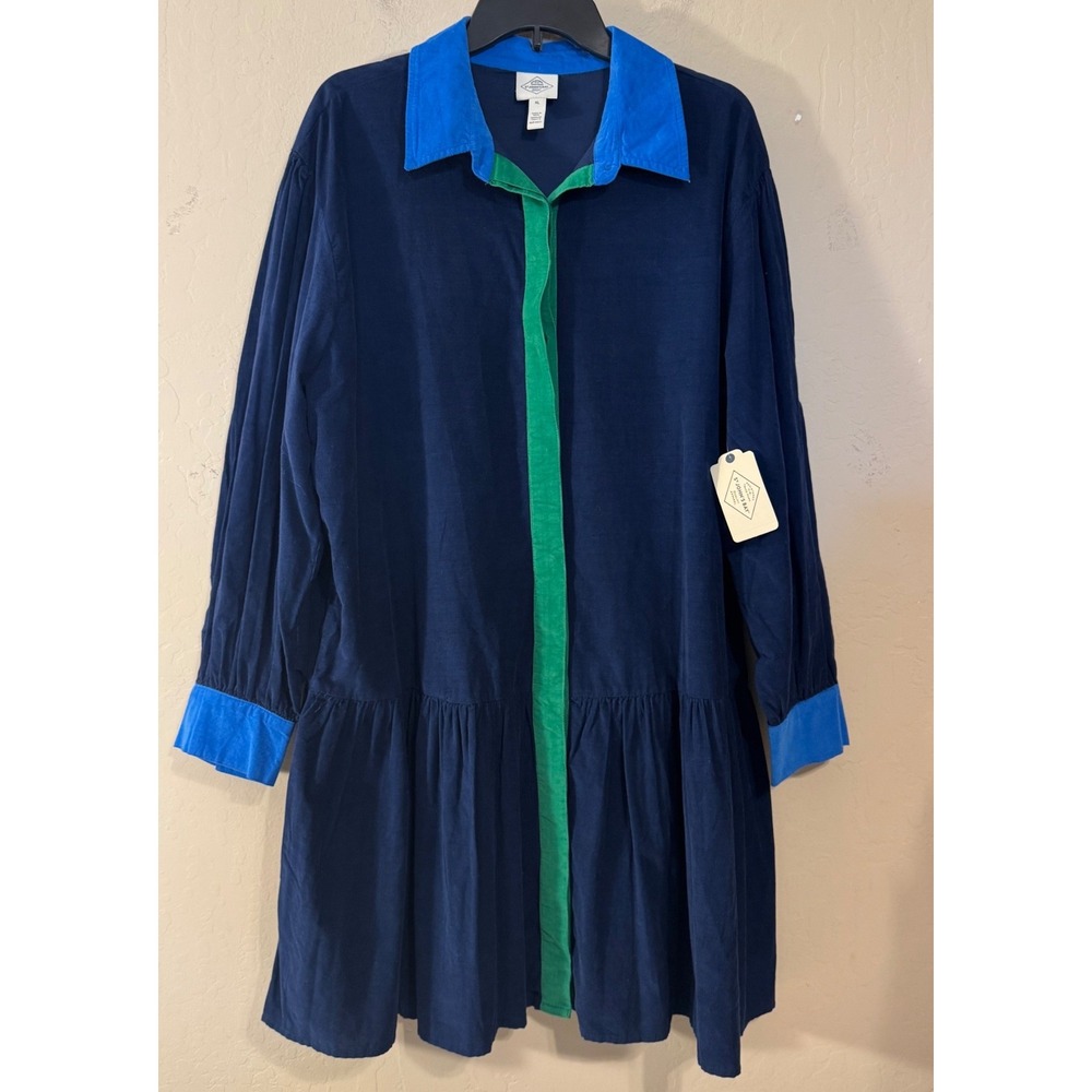 St. John's Bay Shirt Dress Women XL Navy Colorblock Corduroy Drop Waist NEW